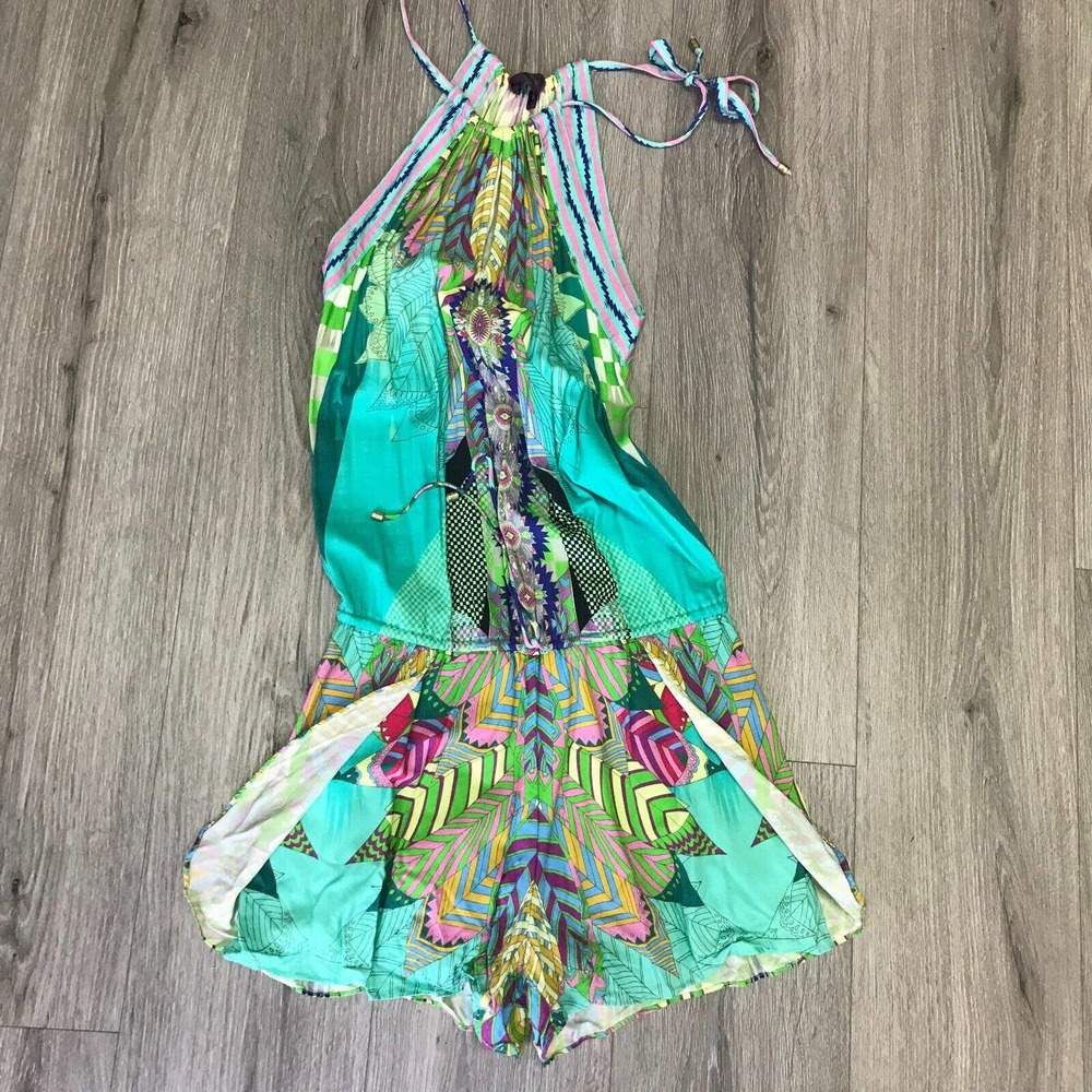 Hale Bob Gering Romper Womens XS Multi Color Keyhole Halter Shorts Resort